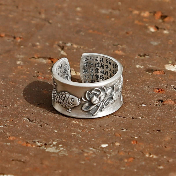 Bague porte-bonheur en argent sterling 999 Buddha Stones et poisson Koi, lotus, cœur, Sutra de la richesse