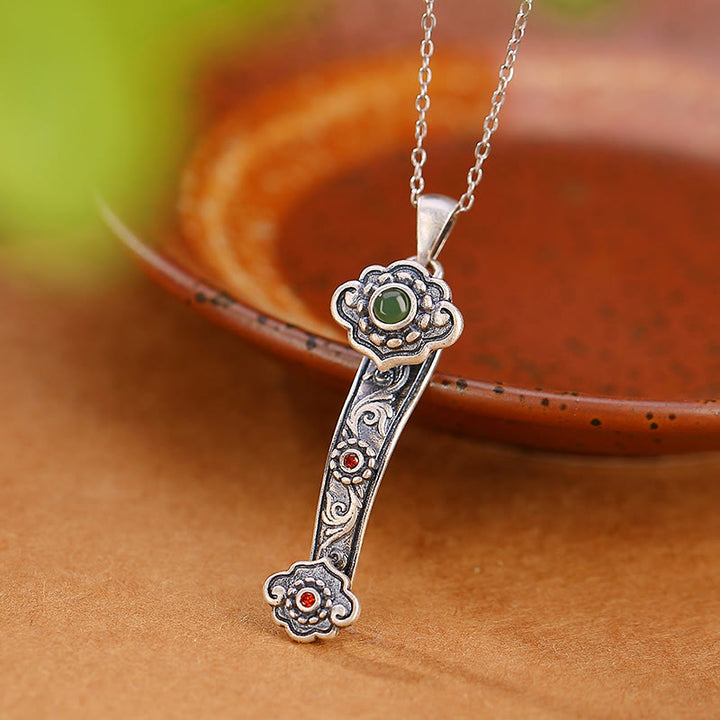 Collier pendentif en argent sterling 925 Buddha Stones, agate rouge, jade cyan, nuages de bon augure, poignée Ruyi, bénédiction