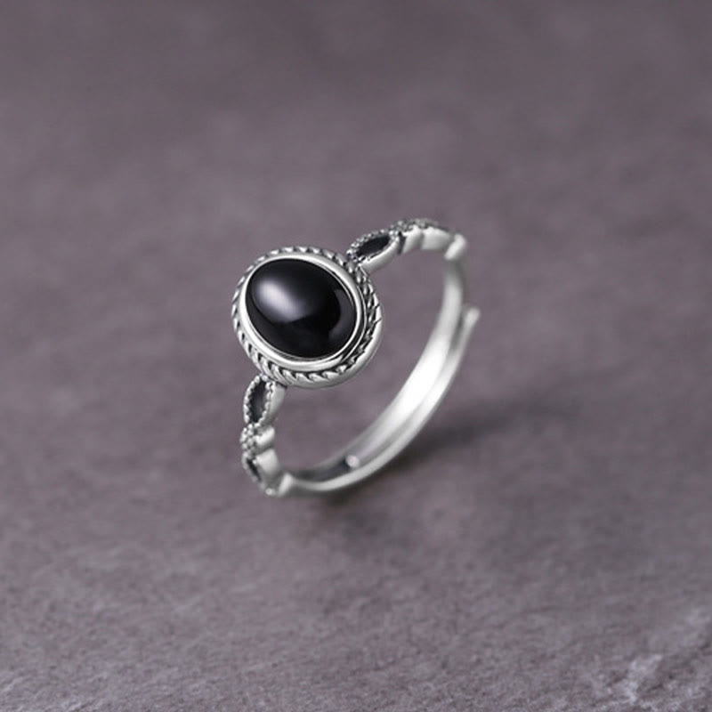 Buddha Stones Bague de fortune en argent Sterling 925 Onyx noir