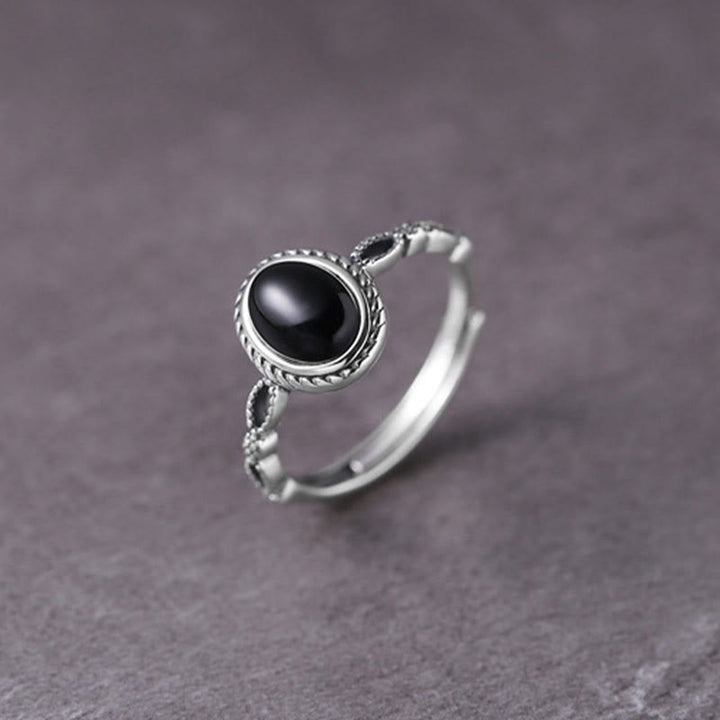 Buddha Stones Bague de fortune en argent Sterling 925 Onyx noir