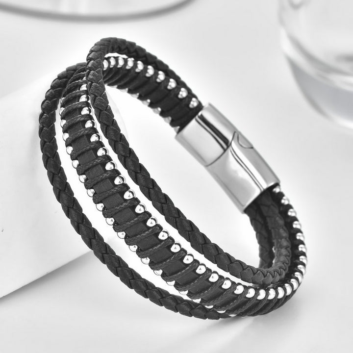 Buddha Stones Bracelet double couche en cuir noir tressé, résistant - image 2
