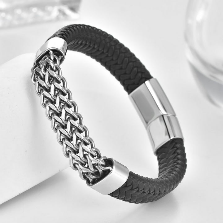 Buddha Stones Bracelet en cuir noir tressé avec boucle chaîne résistante - image 1