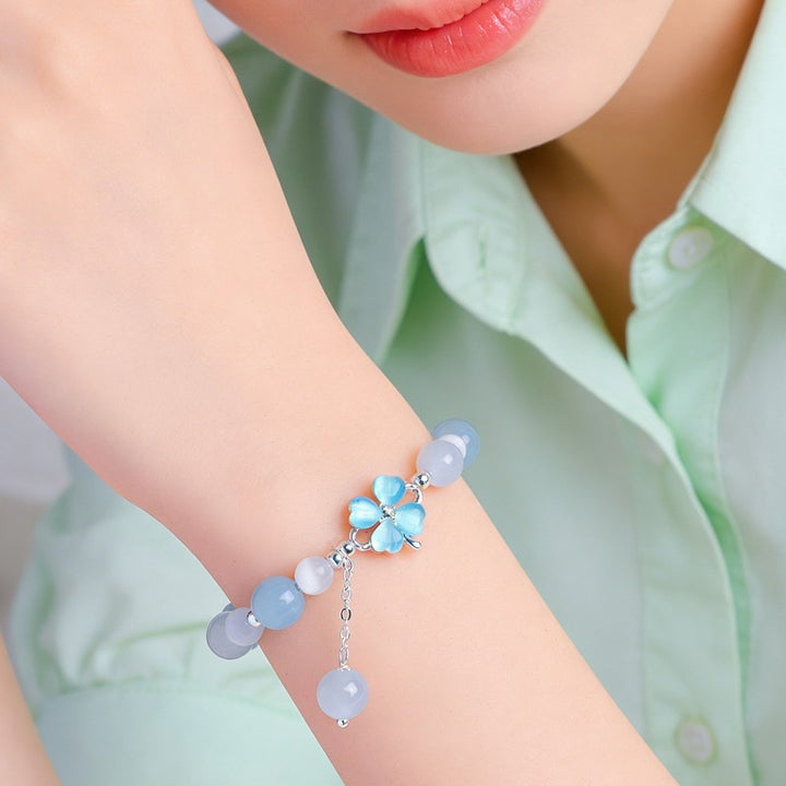 Buddha Stones Bracelet trèfle porte-bonheur en préhnite, quartz rose et calcédoine bleue - image 9