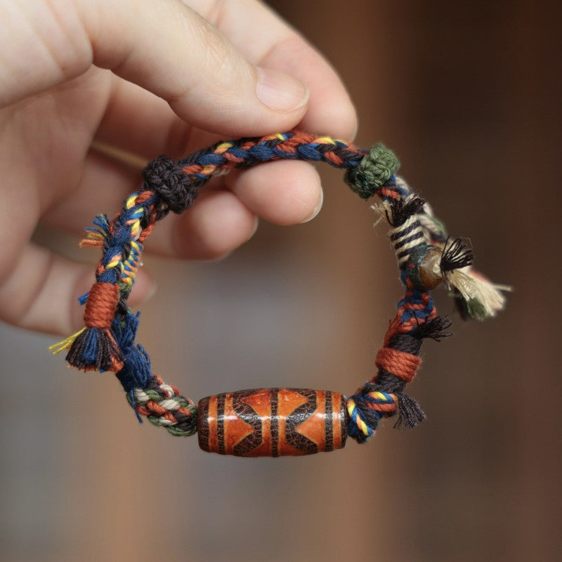 Buddha Stones Bracelet porte-bonheur vintage tibétain en perles Dzi et corde - Perle Dzi à double dent de tigre (Tour de poignet : 15–18 cm) - image 0