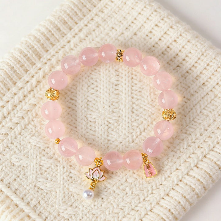 Buddha Stones Bracelet d'amour en quartz rose naturel et quartz clair avec breloque lotus - image 1
