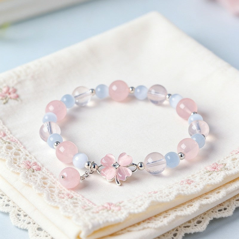 Buddha Stones Bracelet trèfle porte-bonheur en préhnite, quartz rose et calcédoine bleue - image 12
