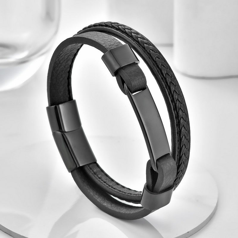 Buddha Stones Bracelet double couche en cuir tressé - Noir - image 0