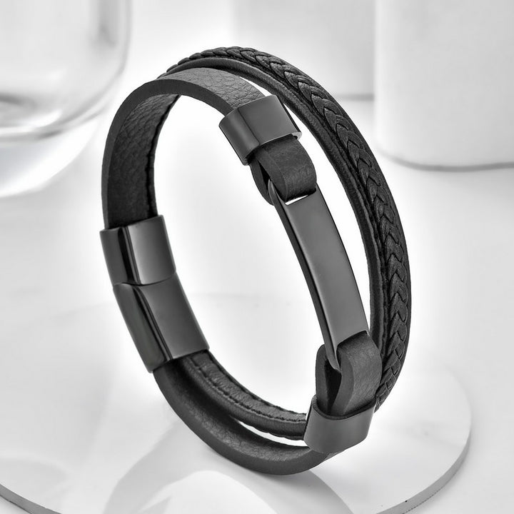 Buddha Stones Bracelet double couche en cuir tressé - Noir - image 0