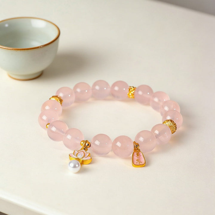 Buddha Stones Bracelet d'amour en quartz rose naturel et quartz clair avec breloque lotus - image 3