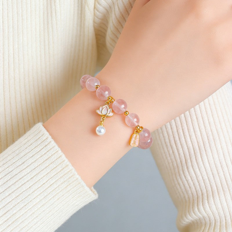 Buddha Stones Bracelet d'amour en quartz rose naturel et quartz clair avec breloque lotus - image 4