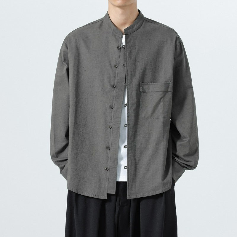 Buddha Stones Chemises à manches longues pour homme, style minimaliste automne, col mandarin, poche plaquée, couleur unie. - Gris terne - US/UK/AU46，EU56 (5XL) - image 0