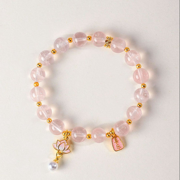 Buddha Stones Bracelet d'amour en quartz rose naturel et quartz clair avec breloque lotus - 9 mm (Tour de poignet : 14 à 15 cm) - image 11