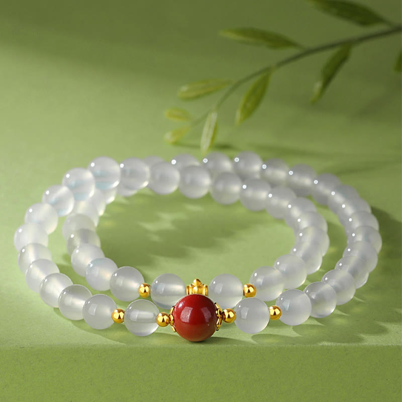 Bracelet de protection double tour en argent sterling 925 et agate blanche naturelle de Buddha Stones - Agate blanche et cinabre - image 0