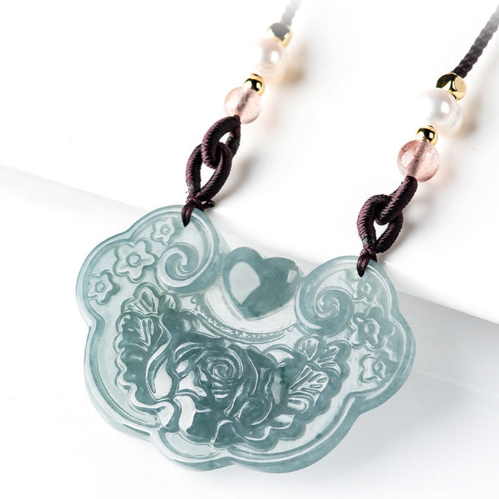Collier pendentif fleur de pivoine en jade naturel de Buddha Stones Lock of Good Wishes Prosperity