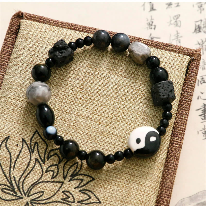 Bracelet de protection de la fortune Yin Yang en perles de jaspe Picasso et onyx noir Buddha Stones