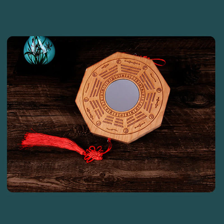 Carte Feng Shui Bagua Pièces de monnaie des cinq empereurs en bois de pêche Nœud chinois Carte énergétique d'équilibre Miroir
