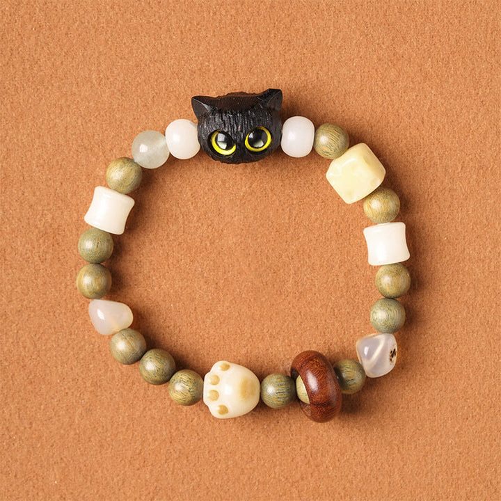 Buddha Stones Graine de Bodhi Bois de santal vert Bois d'ébène Petite feuille Bois de santal rouge Tête de chat Patte Griffe Bracelet de paix - Chat mignon en bois d'ébène (yeux jaunes) (tour de poignet 14-16 cm) - image 16