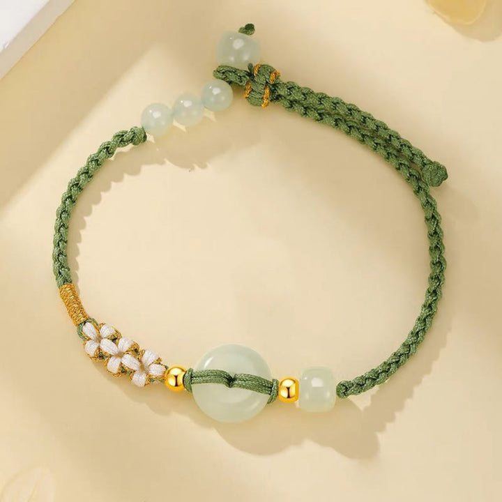 Bracelet tressé en jade Hetian Buddha Stones et boucle de paix porte-bonheur en fleur de pêcher