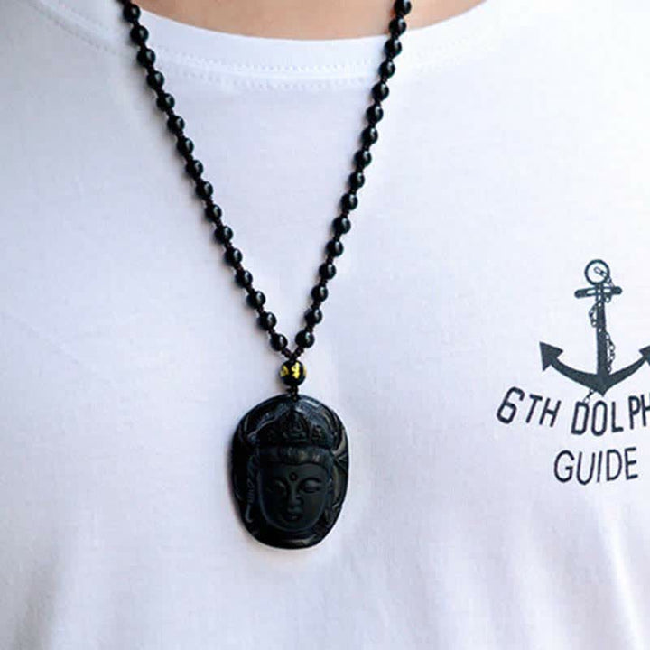 Collier avec pendentif en obsidienne noire naturelle en Buddha Stones Kwan Yin Avalokitesvara - image 4