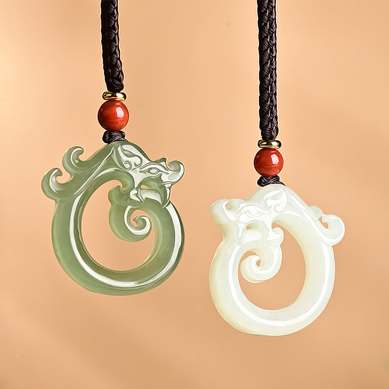 Collier pendentif en corde de protection du dragon en jade blanc et jade cyan Buddha Stones - Jade cyan et jade blanc - image 1