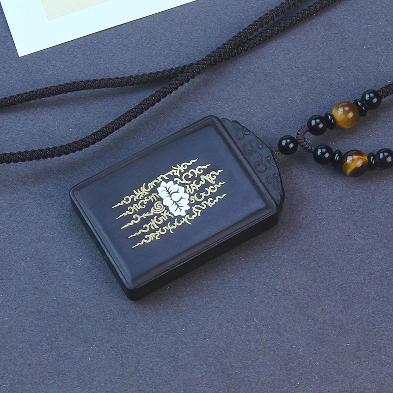 Collier pendentif calme en bois d'ébène incrusté de lotus en argent sterling 999 Buddha Stones - Bois d'ébène 6*4*1cm - image 1