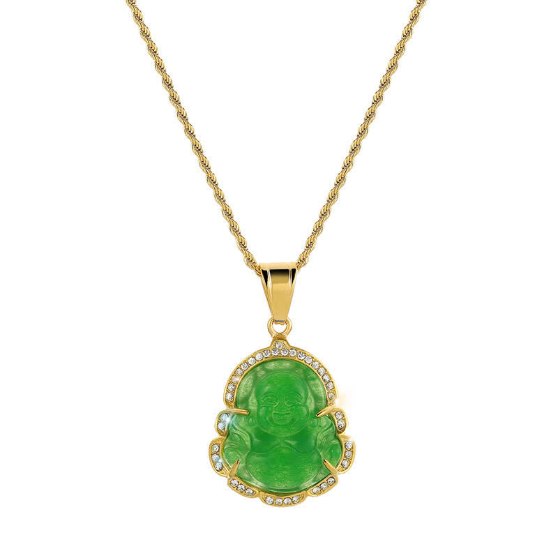 Collier avec pendentif porte-bonheur en jade Bouddha rieur rempli d'or 18 carats de Buddha Stones - Vert - image 3