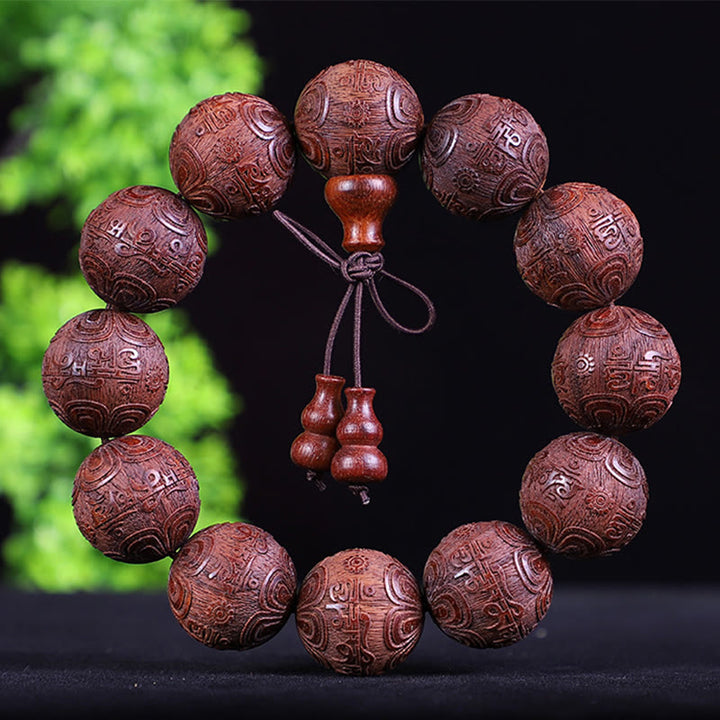 Bracelet de chaleur sculpté PiXiu en bois de rose, ébène, pièce de cuivre et Buddha Stones, signe du zodiaque chinois