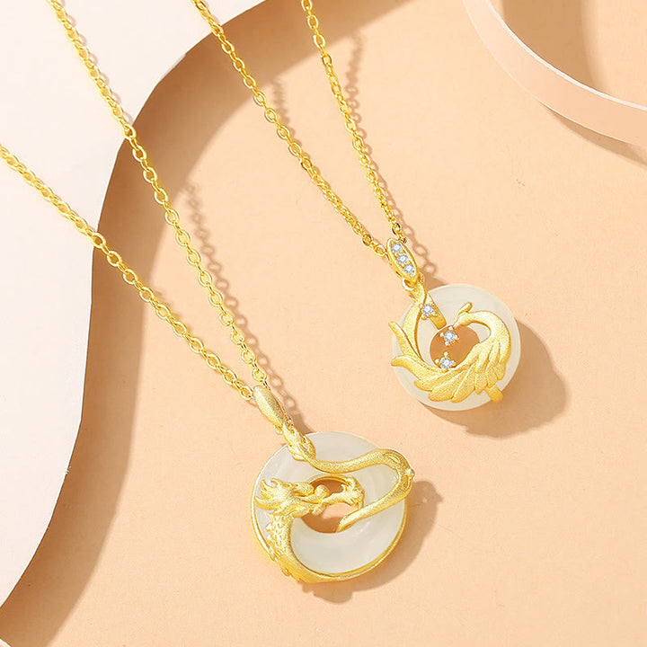 Collier pendentif porte-bonheur en argent sterling 925 avec Buddha Stones et jade Hetian de l'année du dragon et du phénix doré - image 3