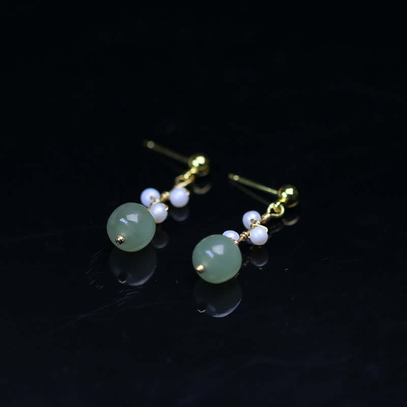Boucles d'oreilles pendantes en plaqué or 14 carats avec motif de fleur de jade Hetian