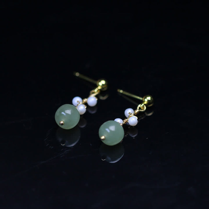 Boucles d'oreilles pendantes en plaqué or 14 carats avec motif de fleur de jade Hetian