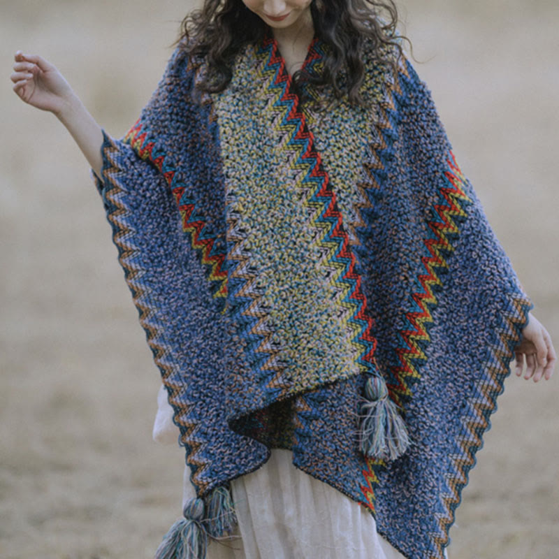 Buddha Stones, cape en tricot douce et chaude, écharpe à pompon tibétaine d'hiver - Bleu - image 0