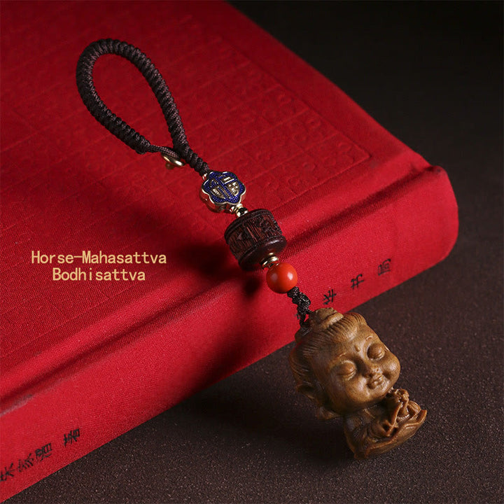 Porte-clés Bouddha du zodiaque chinois en bois de santal vert Om Mani Padme Hum Peace