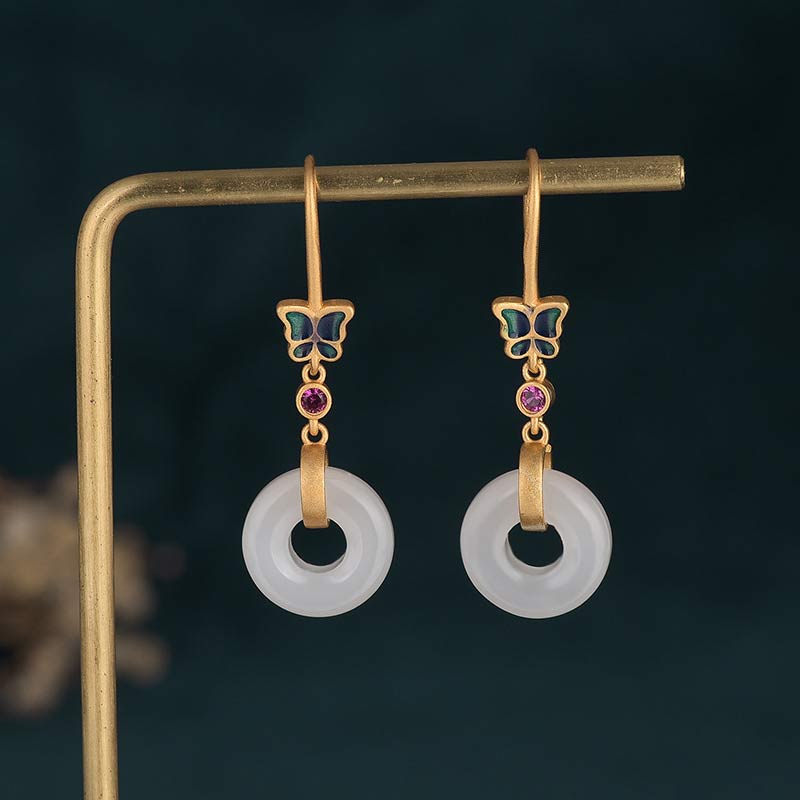 Boucles d'oreilles porte-bonheur papillon en jade blanc Feng Shui