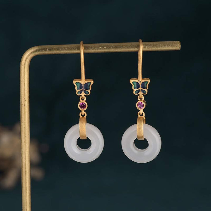 Boucles d'oreilles porte-bonheur papillon en jade blanc Feng Shui