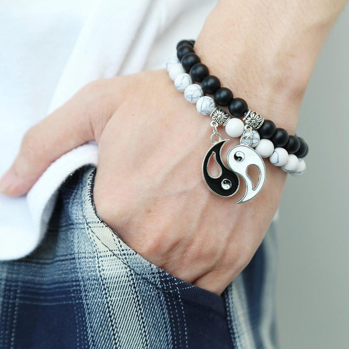 Bracelet couple Yin Yang en perles de turquoise blanche et onyx noir naturel 2 pièces Buddha Stones - image 2
