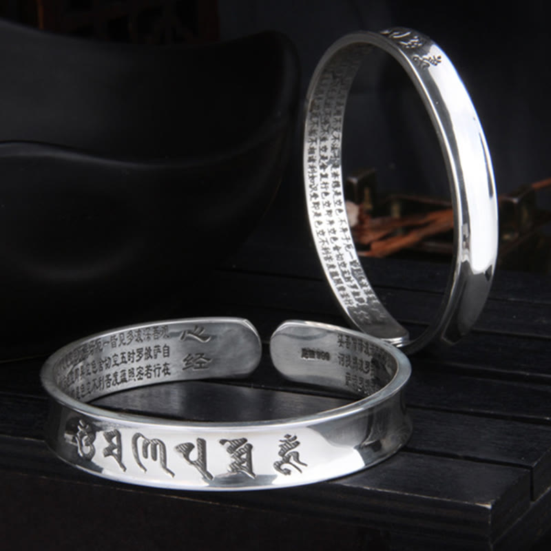 Bracelet jonc en argent sterling 999 Buddha Stones Om Mani Padme Hum Heart Sutra Love Peace