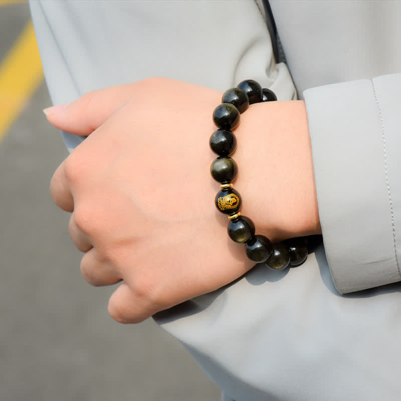 Bracelet de protection de richesse en obsidienne dorée avec Bouddha du zodiaque chinois