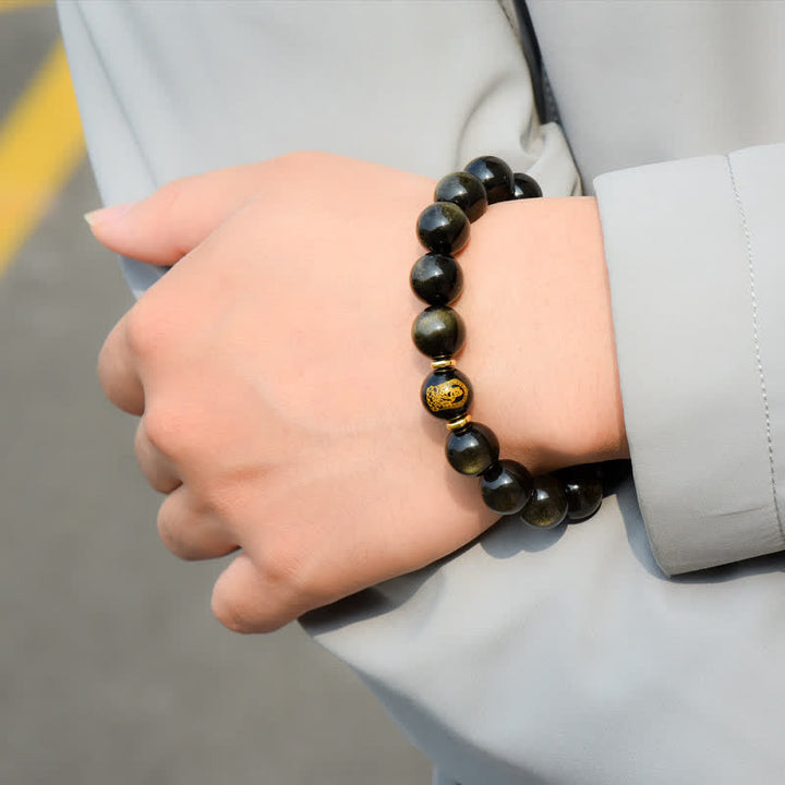 Bracelet de protection de richesse en obsidienne dorée avec Bouddha du zodiaque chinois
