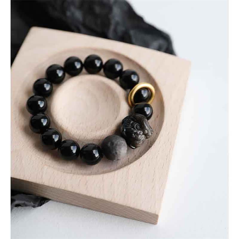 Bracelet Force du Lion en Obsidienne Noire et Argent