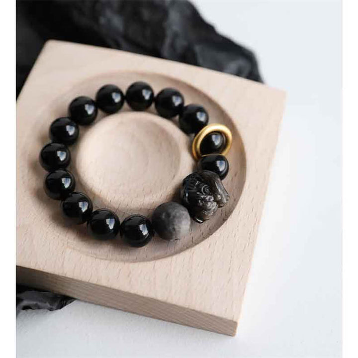Bracelet Force du Lion en Obsidienne Noire et Argent