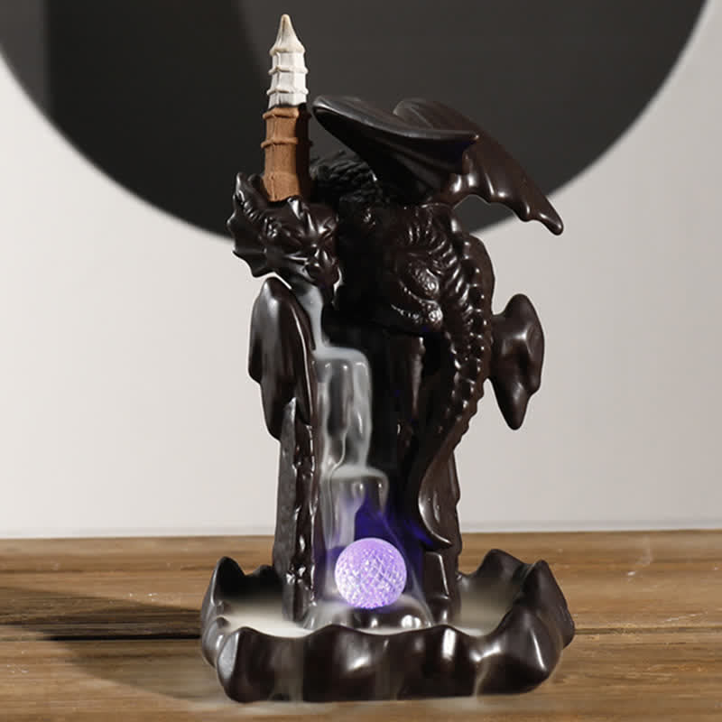 Fontaine à fumée à refoulement en céramique avec dragon nordique, brûleur d'encens de guérison et de méditation, décoration à boule LED