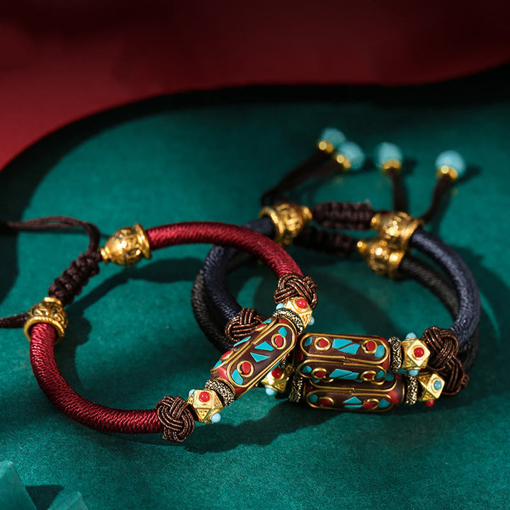 Bracelet tressé en turquoise tibétain fait main avec Buddha Stones Om Mani Padme Hum