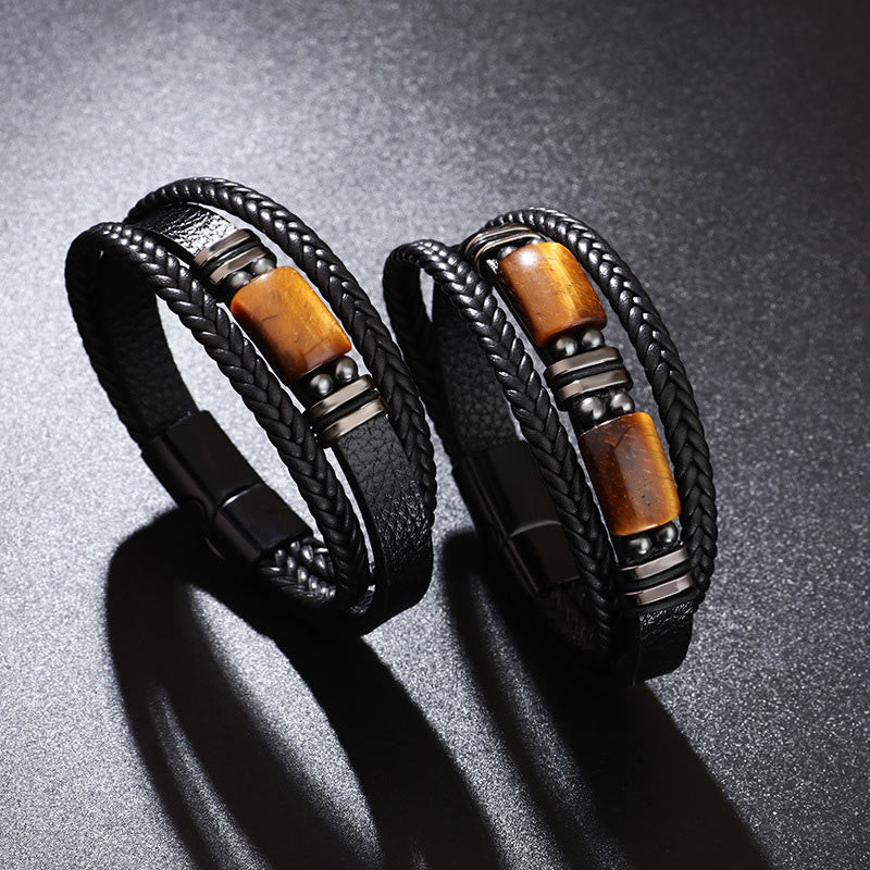Bracelet en cuir multicouche avec boucle magnétique et Buddha Stones œil de tigre