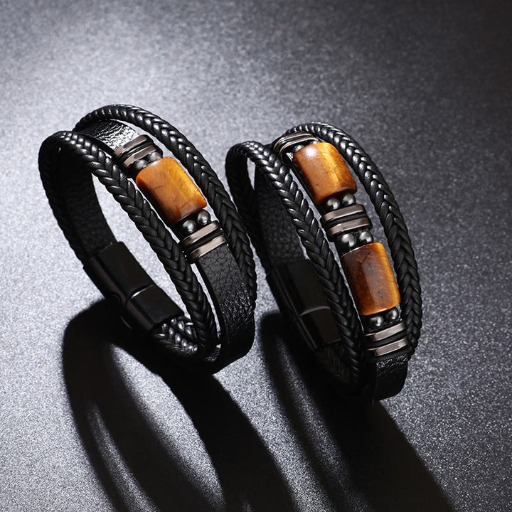Bracelet en cuir multicouche avec boucle magnétique et Buddha Stones œil de tigre