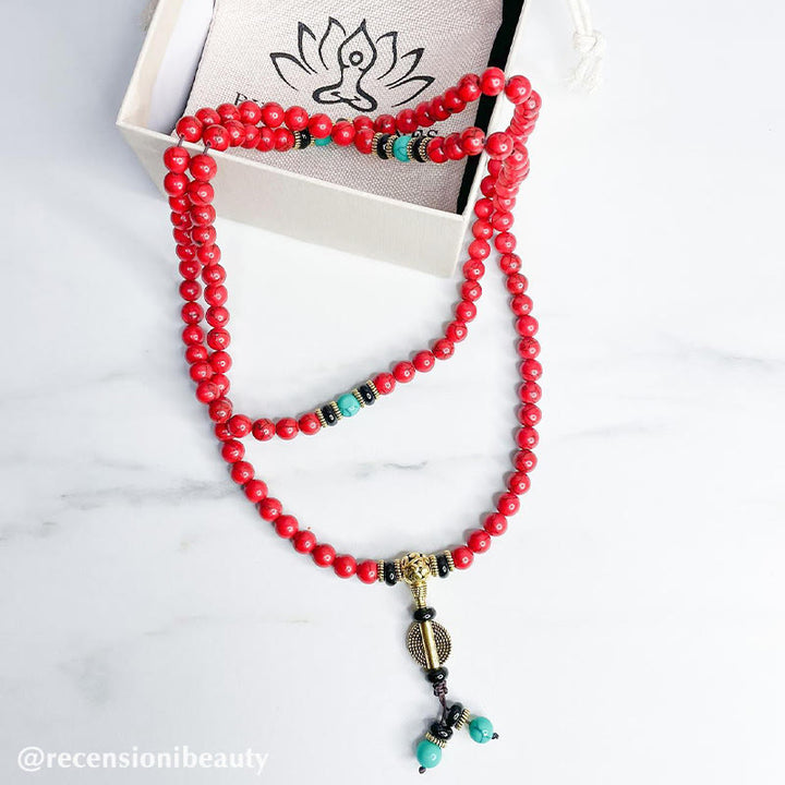 Collier et bracelet porte-bonheur Buddha Stones Mala rouge turquoise