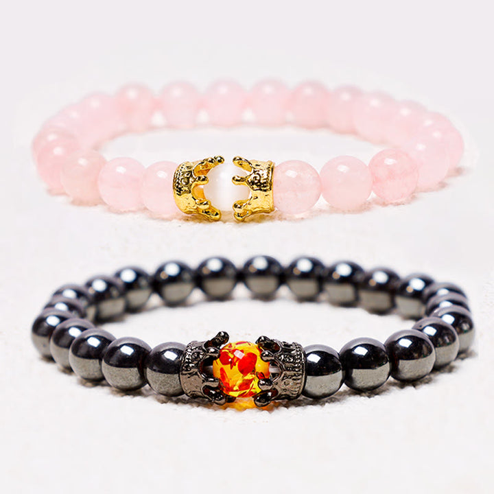 Bracelet couple en perles d'énergie de guérison avec couronne roi et reine en Buddha Stones