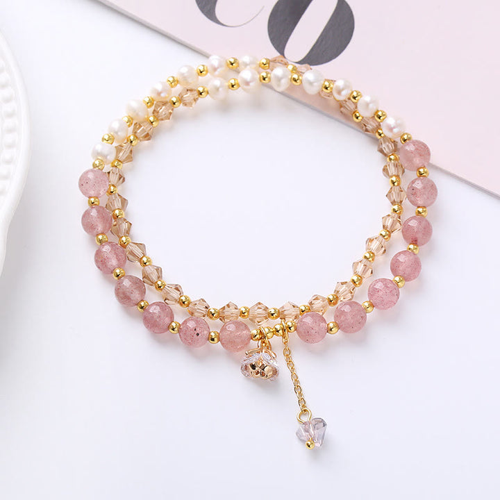 Bracelet double tour en améthyste naturelle, aigue-marine, quartz fraise, perle de guérison de la paix