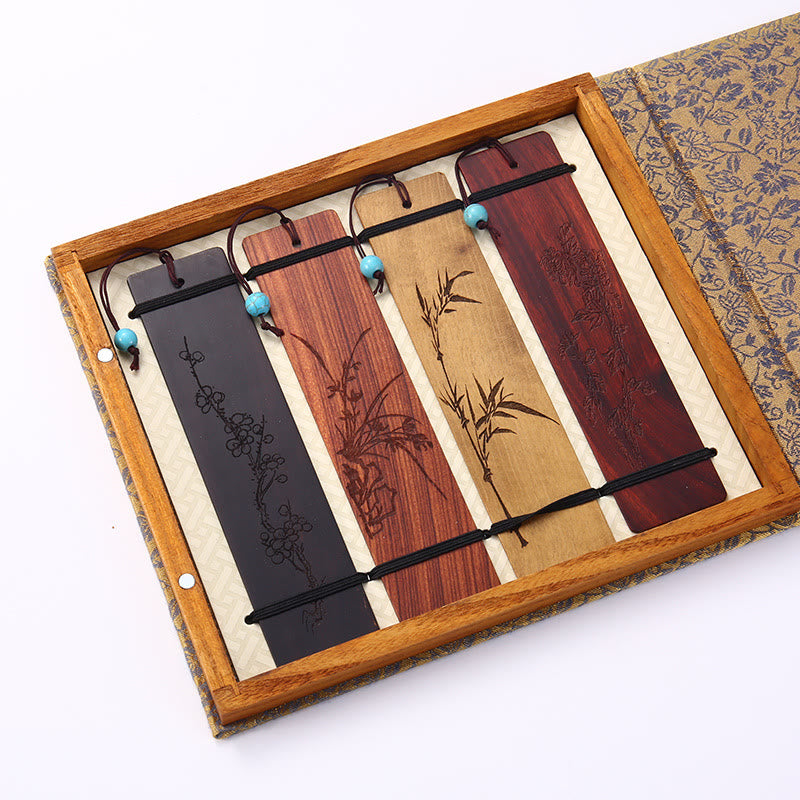 Lot de 4 marque-pages en bois avec Buddha Stones , orchidée, prunier, bambou, chrysanthème, masque d'opéra de Pékin, avec boîte cadeau