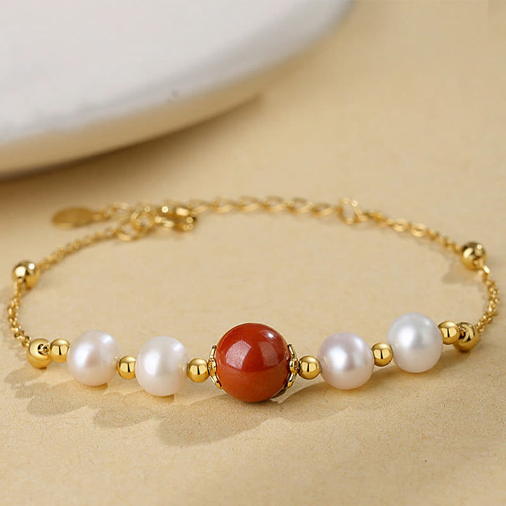 Bracelet chaîne de perles de guérison en argent sterling 925 et perles de cinabre Buddha Stones - Pearl&Cinabre - image 0