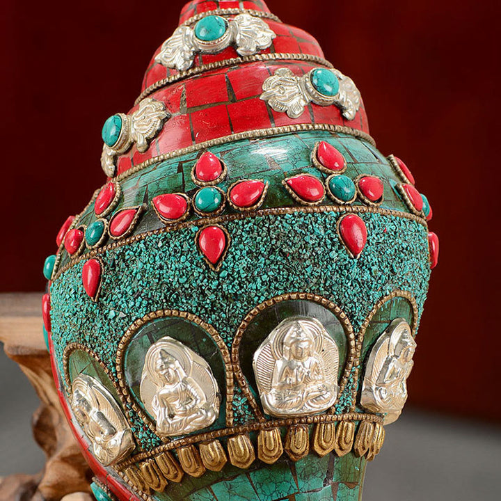 Tibétain fait à la main Shankha Om Mani Padme Hum bouddha Avalokitesvara coquille de conque Turquoise décoration positive - image 6